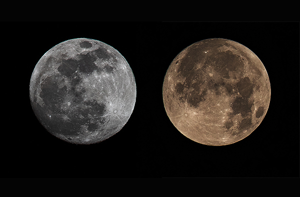 ▲ 20일 오후 7시 무렵 보름달(왼쪽)과 21일 오전 6시 18분 슈퍼문 모습. [사진=신석교 기자]