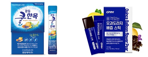 ▲ 광동제약 ‘광동쿨한목’(왼쪽), GNM 자연의품격 ‘품격있는 모과도라지배즙 스틱’
